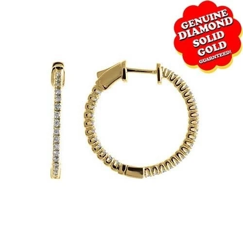 14K Yellow Gold 0.6 Ct Round Cut Natural Diamond Secure Lock 25 mm Hoop Earrings