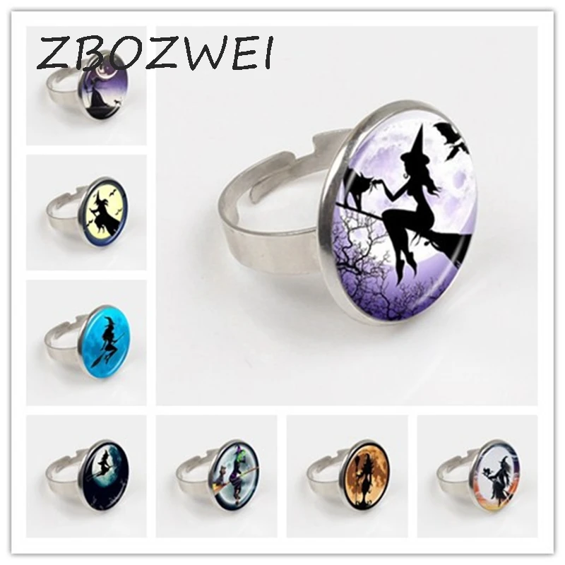 

ZBOZWEI 2018 Sexy Witch with Broom Ring Full Moon Ring Wiccan Pagan Jewelry Glass Cabochon Sweater Ring Cat Jewellery gift