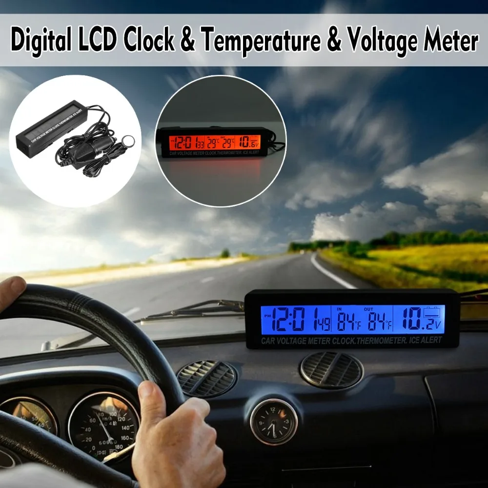 

12V/24V 3 in1 Car Vehicle Digital LCD Clock In/Out Car Thermometer Battery Voltmeter Voltage Meter Monitor Cigarette Socket