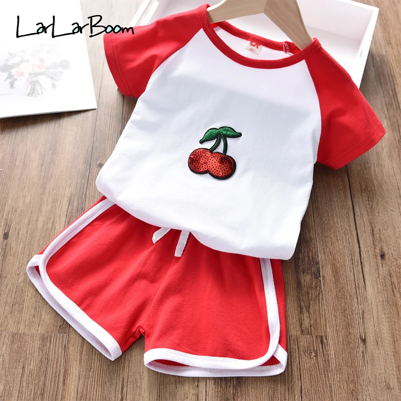 

LarLarBoom Children's SetsCute Fruit Sequins Two-pieces Set Summer Short Sleeve T-shirt + Shorts Boys Girls Casual Clothing Set