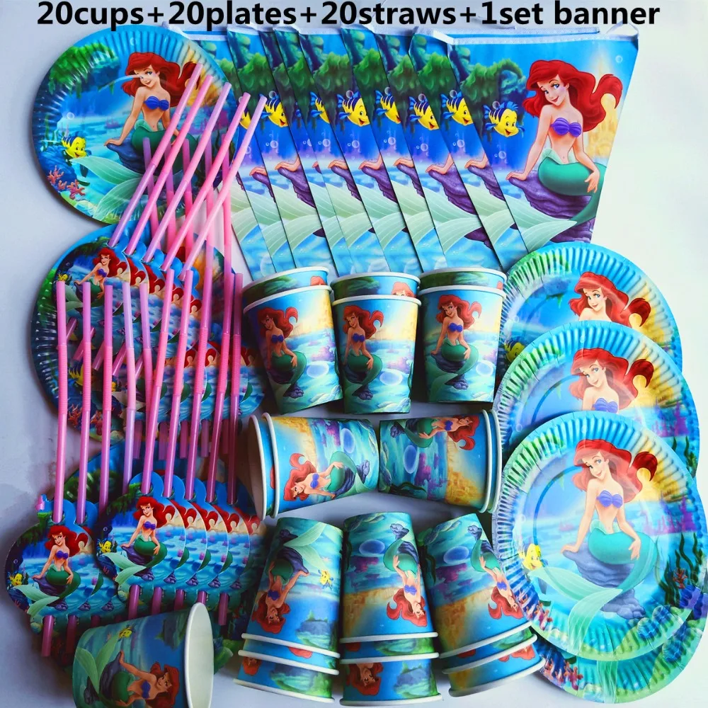 

70pcs cartoon bauty mermaid Tableware Set Children happy Birthday kids baby girl flag cup bannr shower Party Supplies Decoration