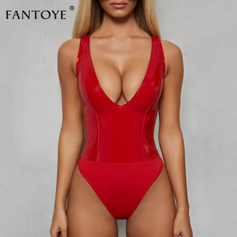 

Fantoye Sexy Deep V Neck PU Leather Bodysuit Women Sleeveless Patchwork Bodycon Rompers Jumpsuit Hot Night Club Party Bodysuit