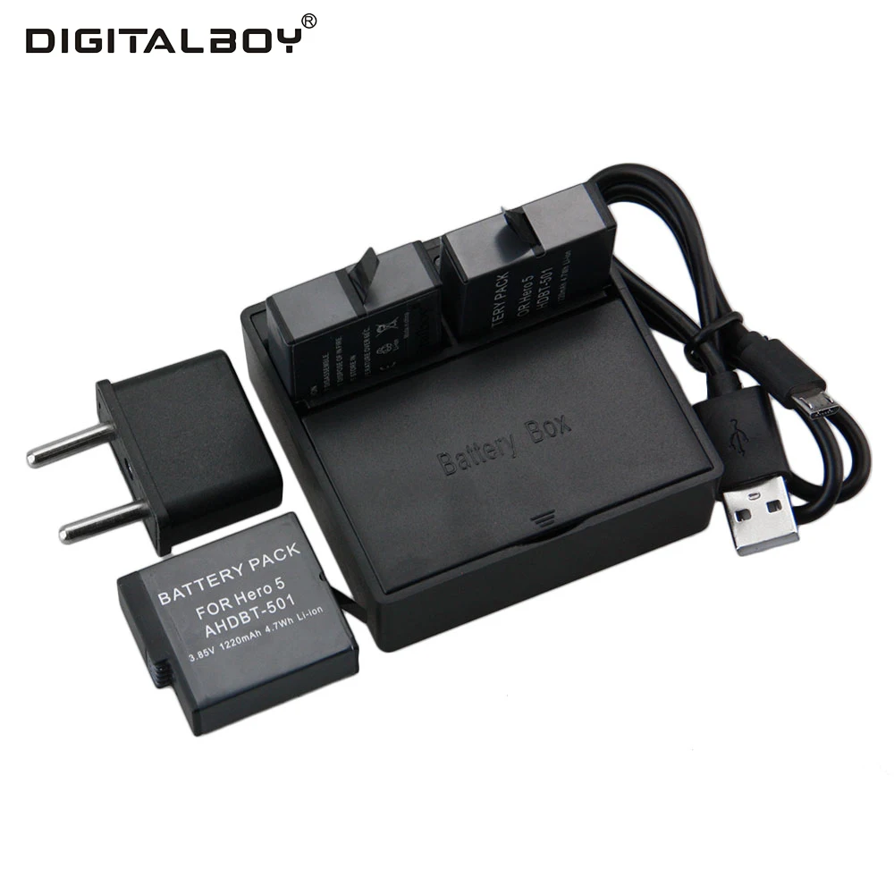 3pcs 1220mAh GoPro hero 5 Battery AHDBT 501 Battery 2 Way Dual USB Charger for Go