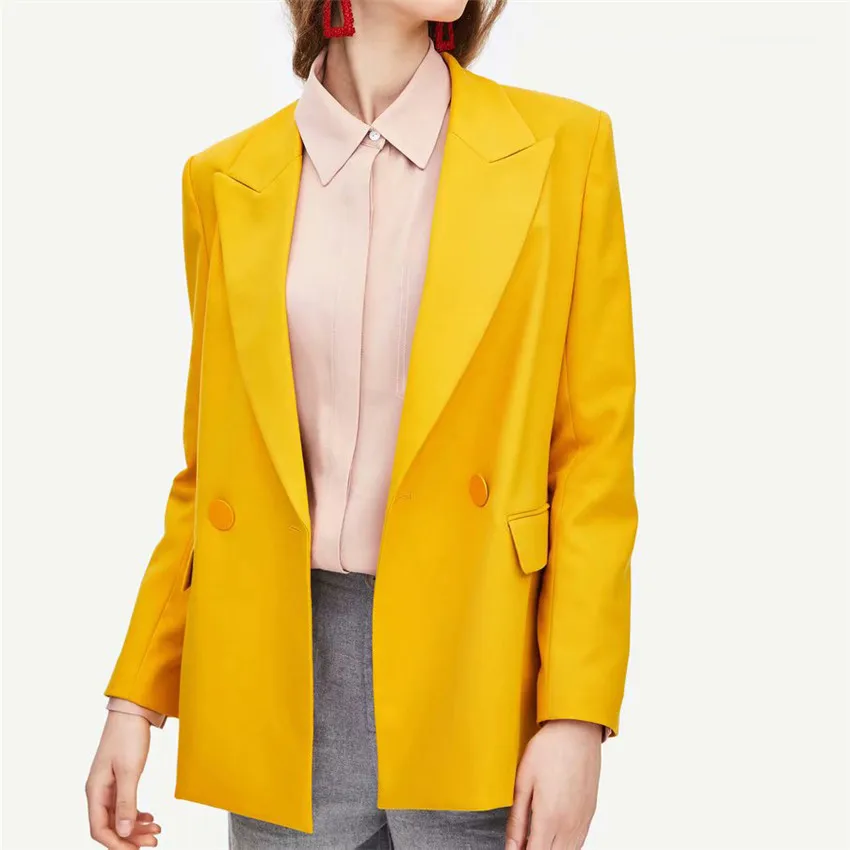 

BLSQR Women style yellow blazer pockets double breasted long sleeve office wear coat solid female casual outerwear tops