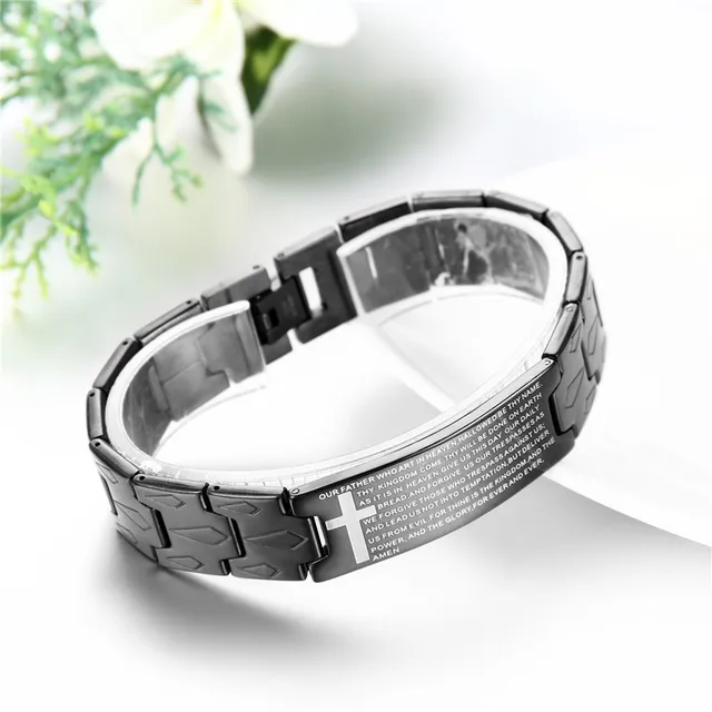 Black Stainless Steel Jesus Cross Bracelet for Men with Lord's Prayer - Image 5