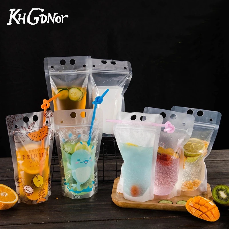

KHGDNOR 10set/lot Drinking Bags with Plastic Straw Zipper Plastic Pouches Drink Bag Hand-held Frosted Disposable Drink Bags