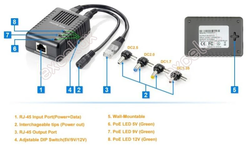 100Mbps 4 DC Plug 5V 9V 12V Adjustable Network PoE Splitter Module Power Over Ethernet Supply 802.3af for IP Security Camera