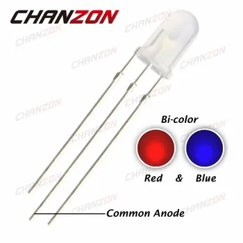 100pcs 5mm Diffused LED Diode Red And Blue Common Anode 5 mm Bicolor Round Top Light-Emitting Diode Lamp Electronics Components