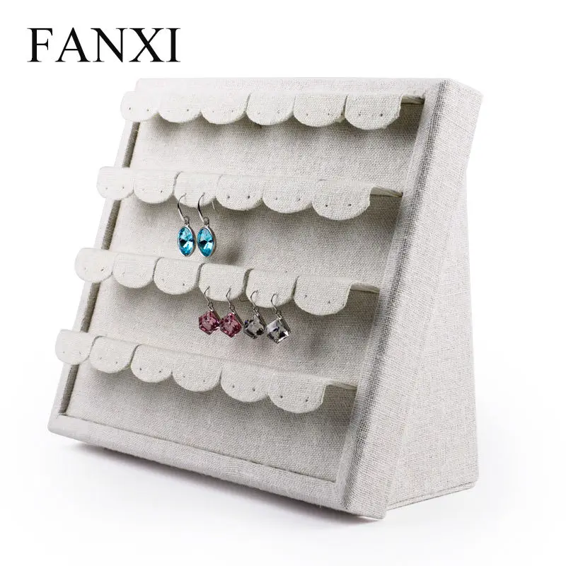 

FANXI Creamy-white Linen Earrings Holder ear stud Shelf Stand 4 rows large Jewelry Display Organizer Box 24 slots for wonmen