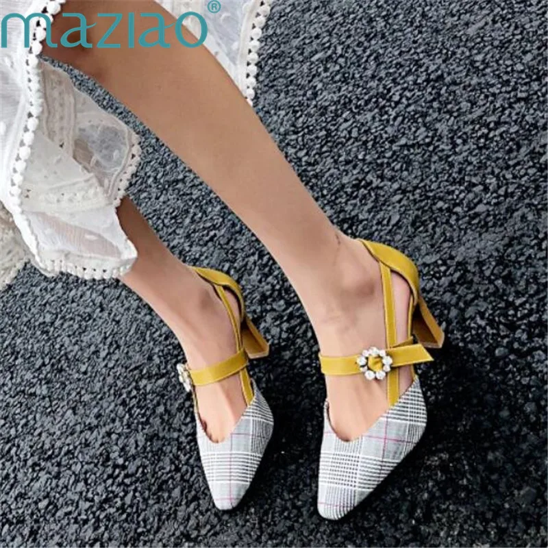 

Shoe Pointed Toe Lattice Shallow Mouth Colorblock Rhinestones Roman Style Vintage Party Shoes Woman Heels 8cm MAZIAO