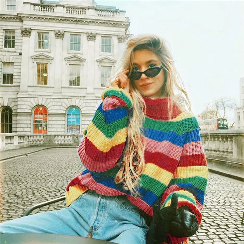 HOT sell sweaters fashion 2018 women Multicolor Stripe Long Sleeve Turtleneck Knitted Sweater Blouse Pullover invierno A28#N (1)