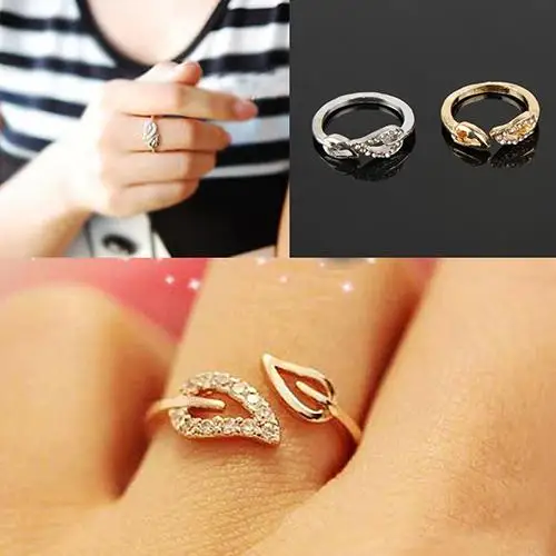 

Women Fashion Rhinestone Two Leaf Open Ring Jewelry for Lovers Party Gift