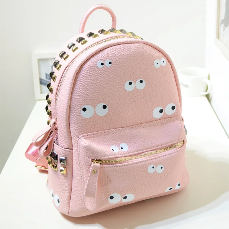 Cute Women Backpacks Cartoon Eyes Rivet Back Pack Casual