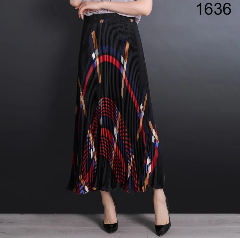 fashion vintage plaid chiffon pleated OL womens skirts summer stretch high wisted elastic waistband skirt women saia saias falda