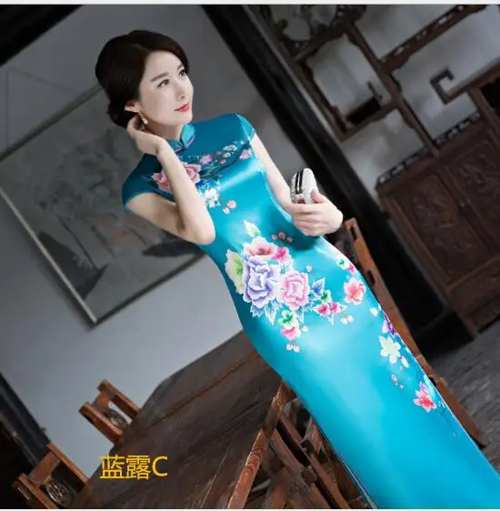 Новое поступление синий китайский Для женщин Silk Rayou Холтер Cheongsam Мини Qipao платье павлин Размеры размеры s m l xl XXL Бесплатная доставка