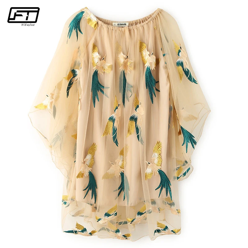 

Fitaylor 2018 Summer Mesh Floral Embroidery Dress Women Slash Neck Loose Batwing Sleeve Sexy Club Evening Party Dresses Female
