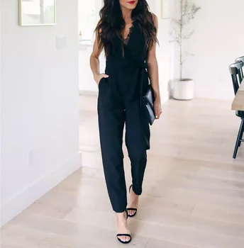 

2019 Summer Women Sexy Office Lace Jumpsuits Female Belted Deep V Neck Party Overalls Solid Elegant Club Playsuits