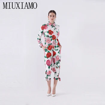 

MIUXIMAO 2019 Summer High Quality Suit Sets 2 Piece Full Flower Print Top + Floral Print Full Length Pant Elegant Suit Women