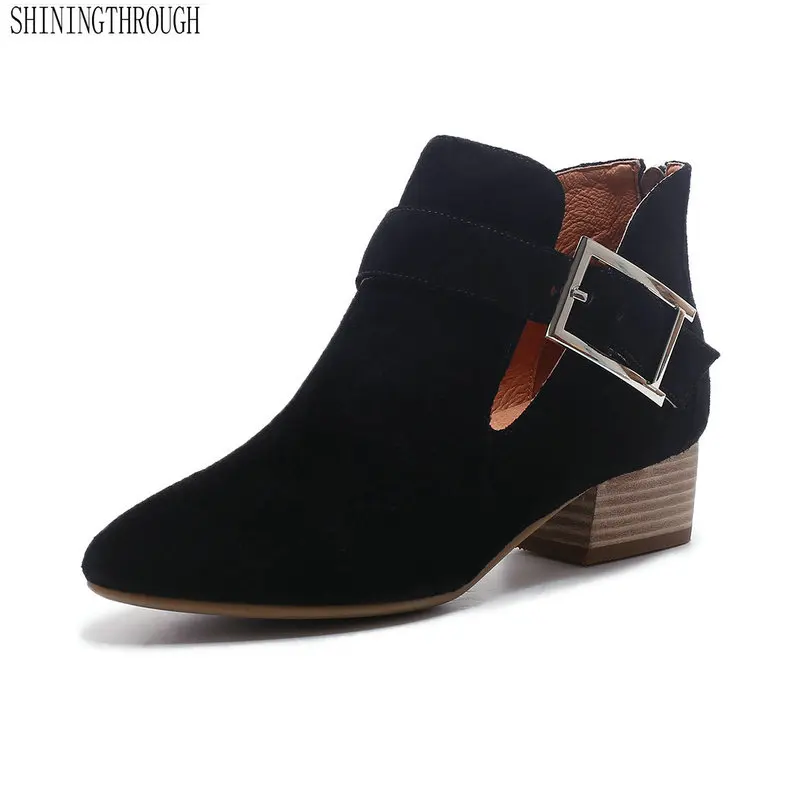

2019 genuine leather Women Shoes Ankle Boots Elastic band med Heel Fashion Women Party Shoes Black brown beige Size 34-40