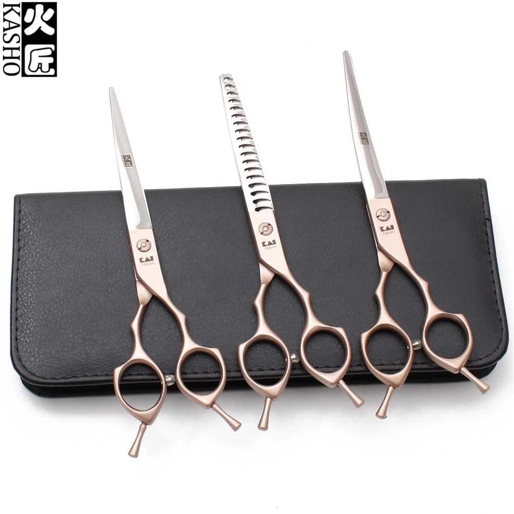 7" Japan 440C Kasho Rose Gold Straight Scissors Thinning Shears+UP Curved Shears Animal Grooming Pets Set H3009 | Красота и