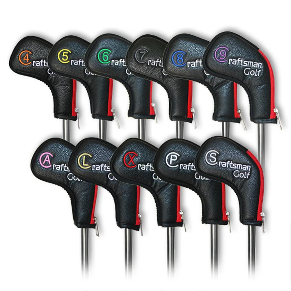 CRAFTSMANGOLF-Black Leather-Red-Colorful Iron Head Cover Set (12)