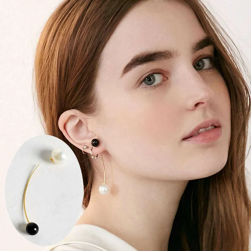 

2019 New Imitation Pearl Double Sided Stud Earrings For Women Trendy Fashion Gold Color Black Bead Earring Jackets Jewelry Gift