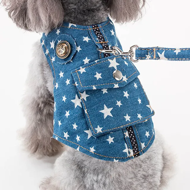 Denim Dog Vest Harness Leash Set Stars for Small Medium Dogs Jeans