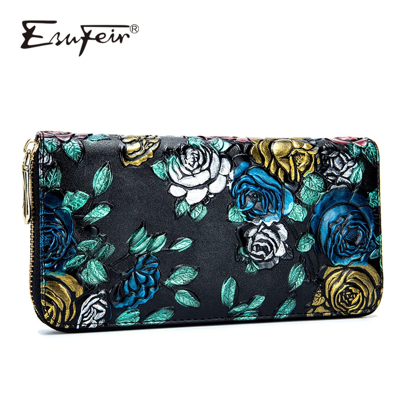

ESUFEIR Genuine leather women Long Wallet Vintage Standard Wallets Fashion Clutch Embossing Design Purse Card Holder carteira