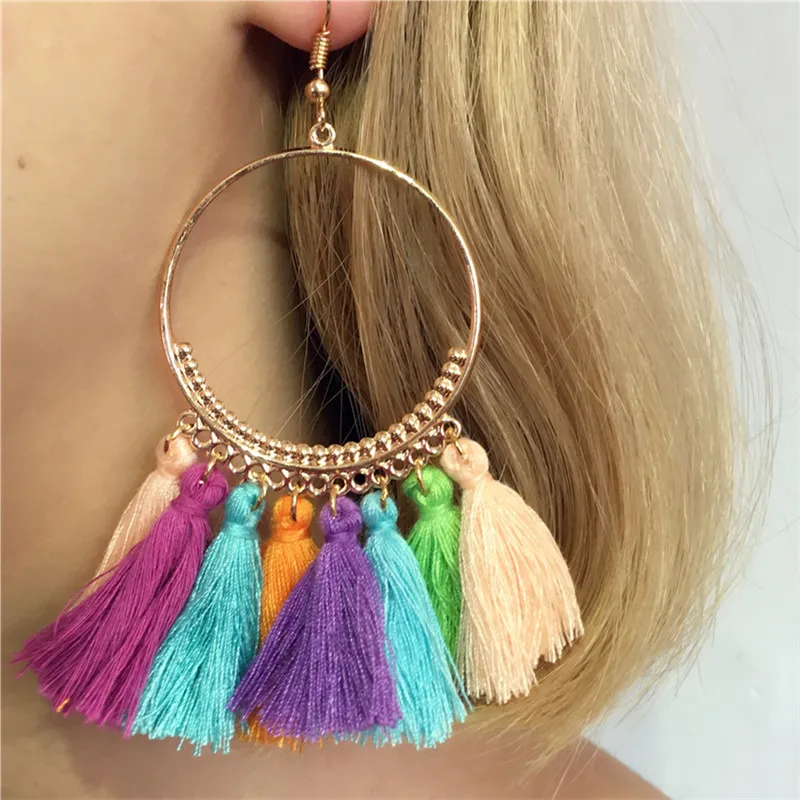 

Fashion Retro Ethnic Style Handmade Earrings with Multicolored Thread Weaving and Sulphur Earrings