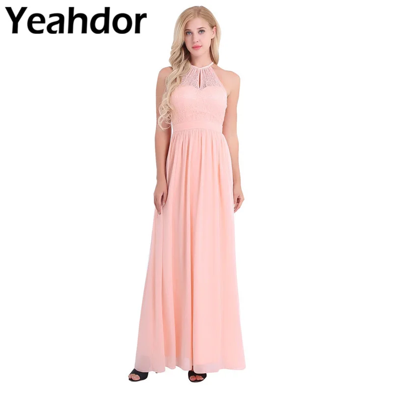 

Women Ladies High Neckline Halter Neck Sleeveless A-line Chiffon Lace Floral Bridesmaid Dress Wedding Party Dresses Prom Gown