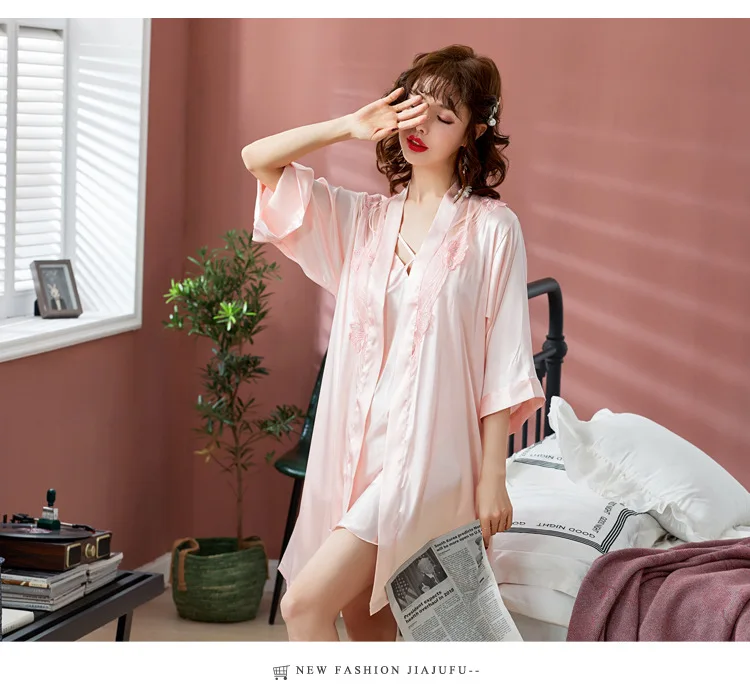 2 шт. халат+ ночная рубашка Шелковый женский домашний костюм кружевная вышивка женские пижамы удобные пижамы Женская Сексуальная Домашняя одежда на бретельках