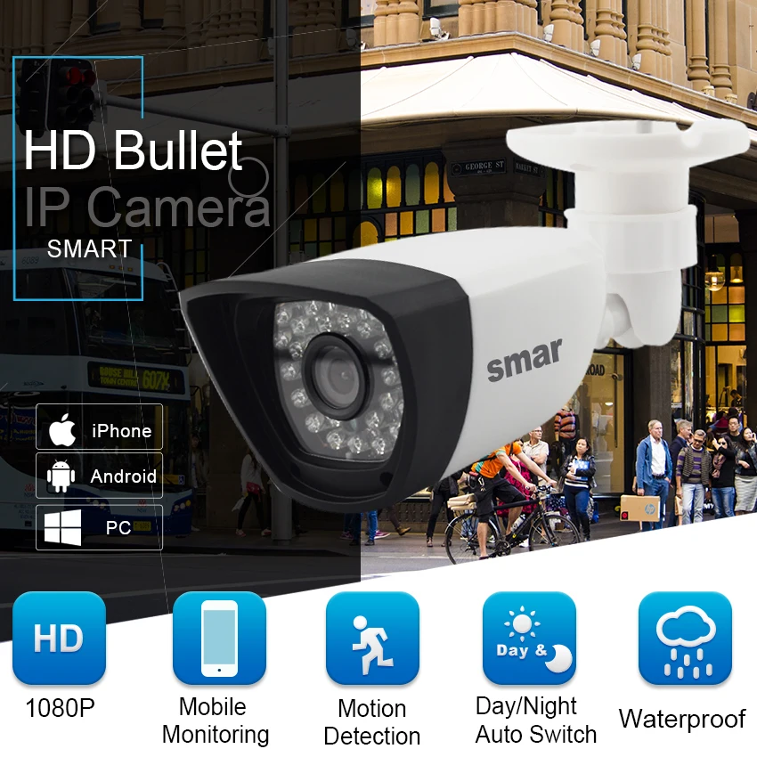  Smar H.265 POE 2MP IP Camera Outdoor Waterproof CCTV 1080P 20fps HD 720P H.264 Network Bullet Camer - 32684477744