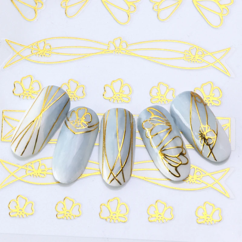 3D градиентные наклейки для ногтей с полосками, цветами, водными серебряными и золотыми голографическими наклейками, украшение для маникюра, дизайнерские наклейки
