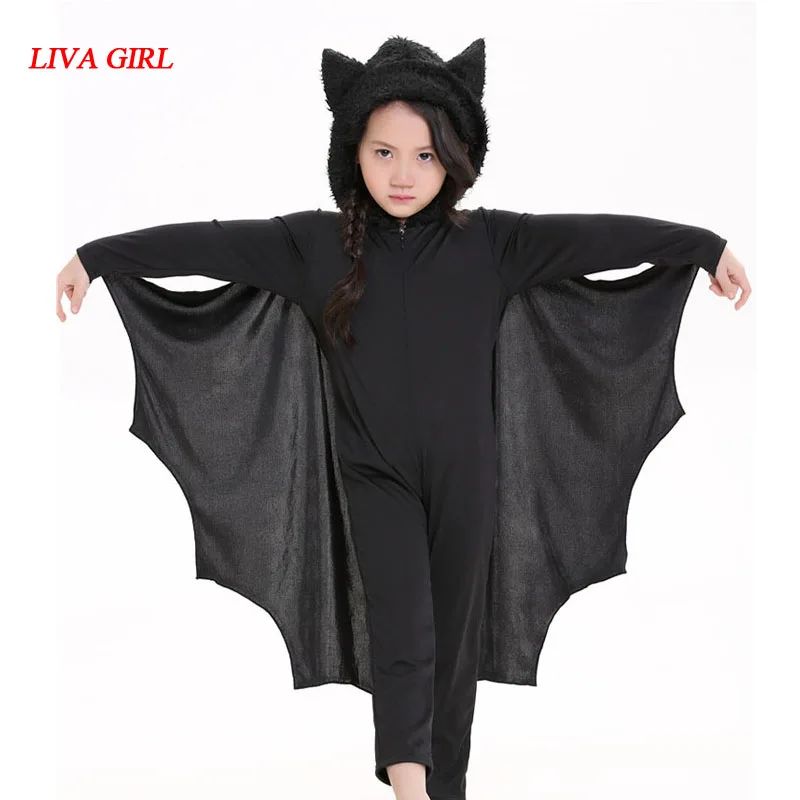 

Liva girl Child Anime Cosplay Cute Bat Costume Kids Halloween Costumes For Girls Black Jumpsuit Connect Wings Cosplay Batman