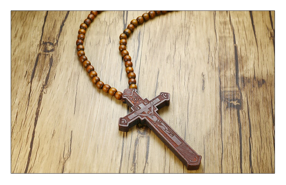 Meaeguet Large Wood Catholic Jesus Cross With Wooden Bead Carved Rosary Pendant Long Cruz Collier Statement Necklace Men Jewelry (11)