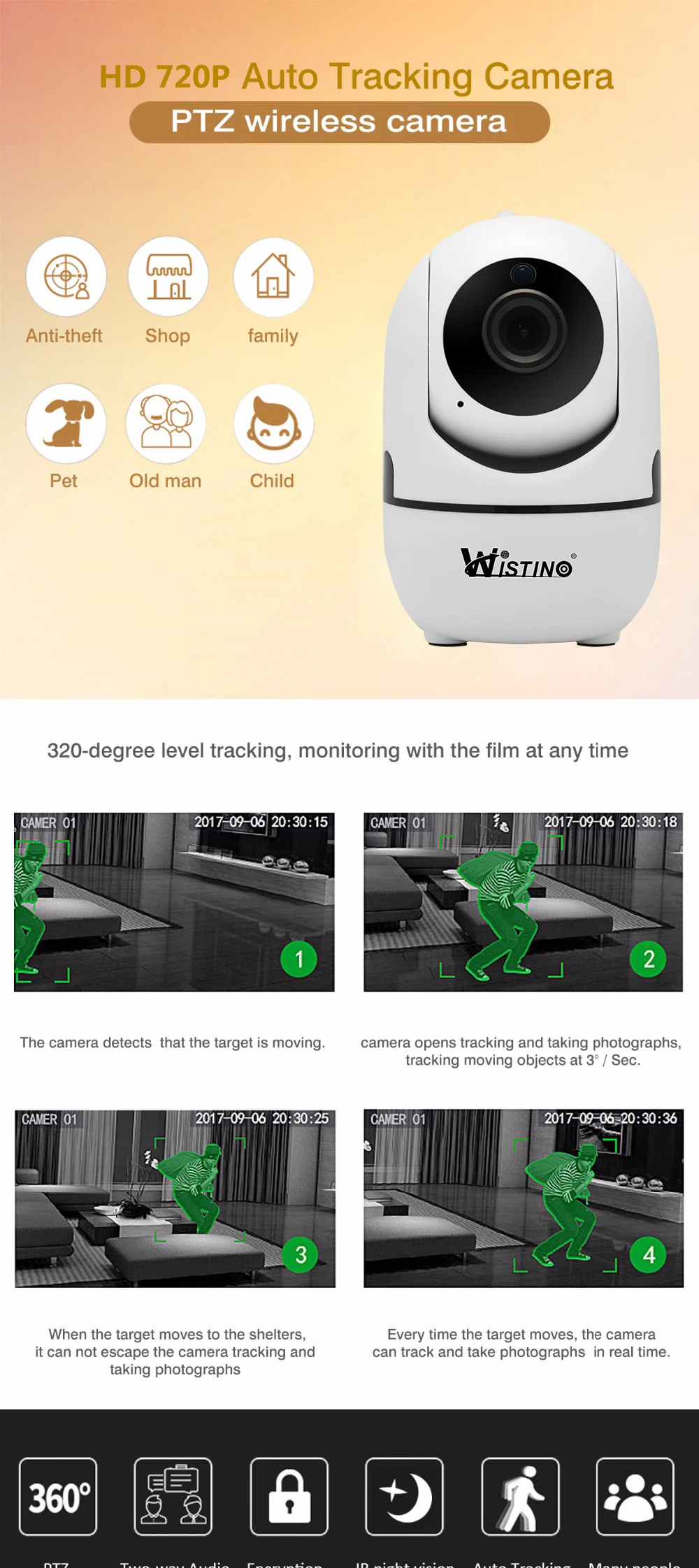 Wistino CCTV  Wireless IP Camera  Auto Tracking 720P Surveillance Security Home Camera Indoor PTZ Video Baby Monitor Wifi Night Vision (1)