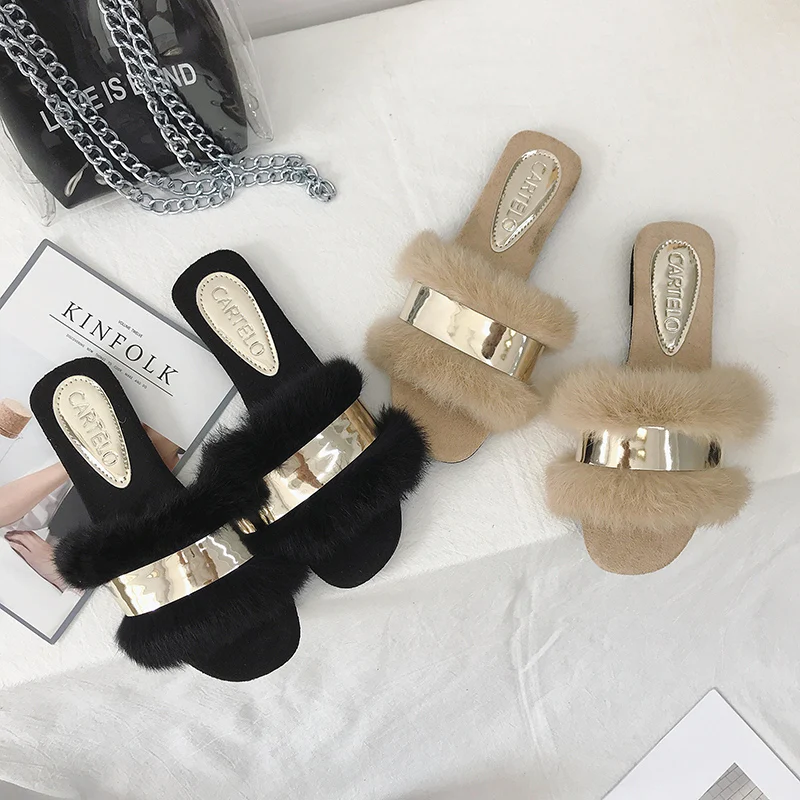 

Gold bling fur shoes women flock cork slippers summer fashion outdoor furry sandals woman fluffy flip flops black/beige mules