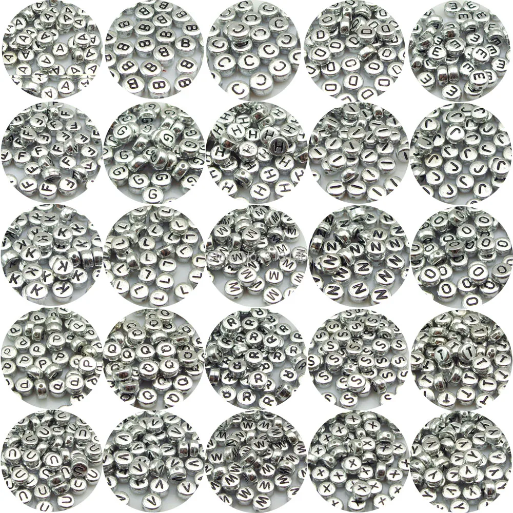 50 pcs couleur argent ronde acrylique Alphabet choisir des perles de lettre séparées pour perles bracelet à bricoler soi-même collier bijoux faisant 3X7mm