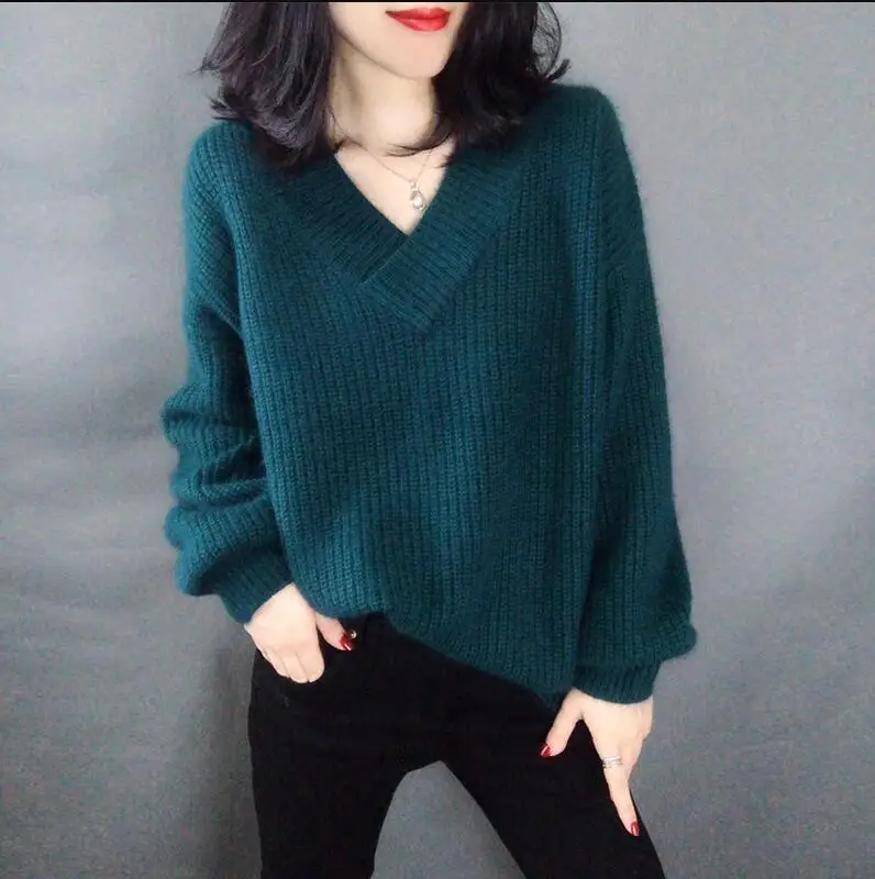 

2019 New Pullovers Female Cashmere Sweater Pure Casual V-neck Short Design Basic Knitted Pullovers Tops