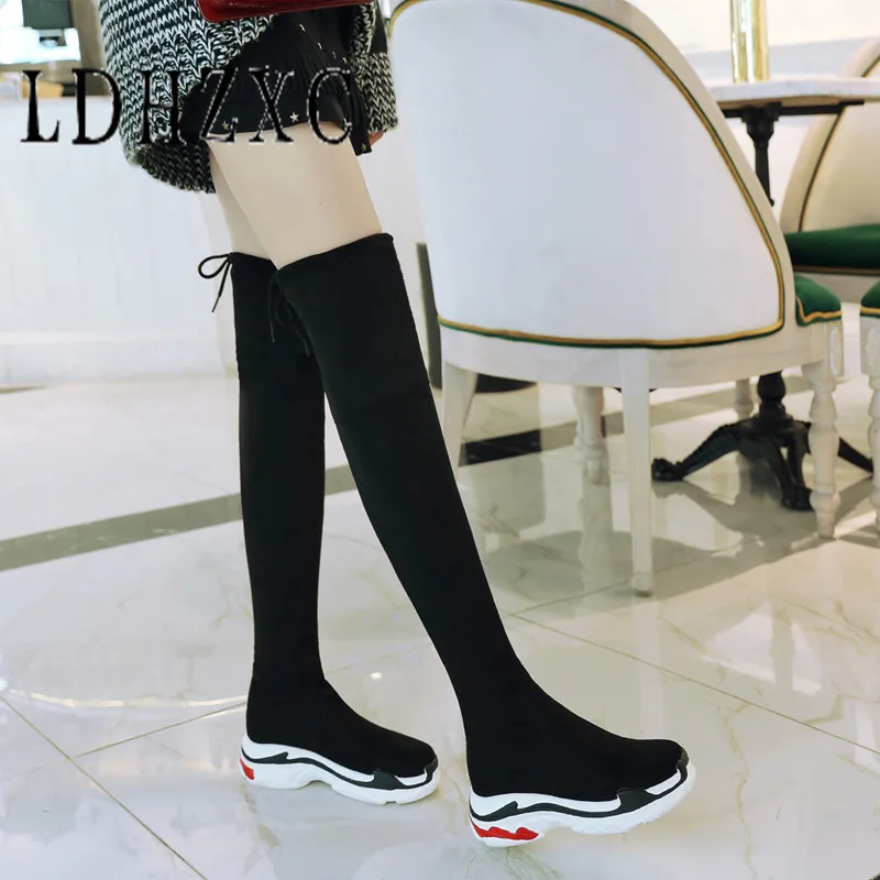 

LDHZXC Women Boots Over The Knee-high Boots Med Heel Western Style Synthetic Round Toe Black Ladies Shoes Size 34-46
