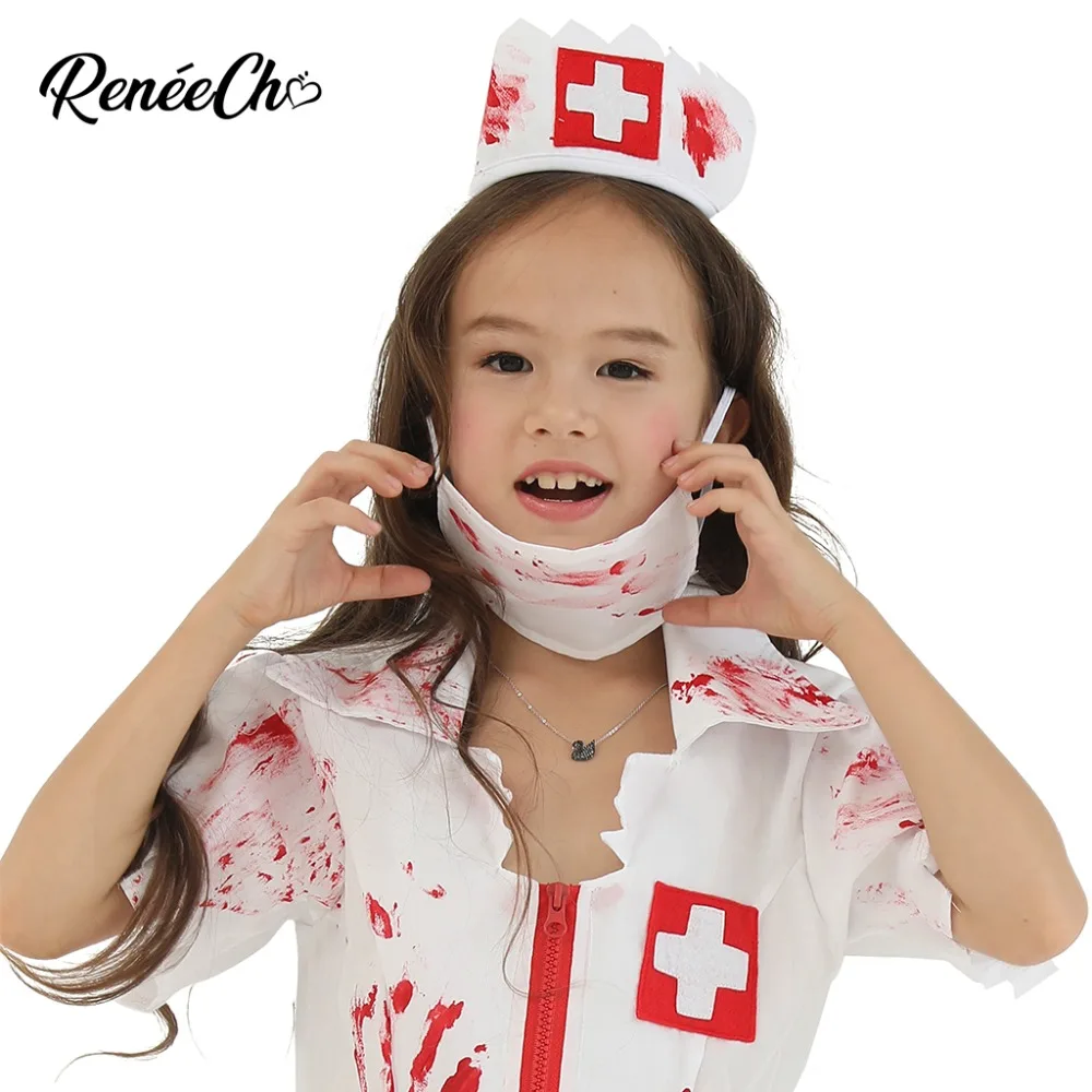 Детский костюм на Хэллоуин, страшный костюм для девочек, кровавая медсестра, костюм зомби, детское платье, головной убор, Набор масок