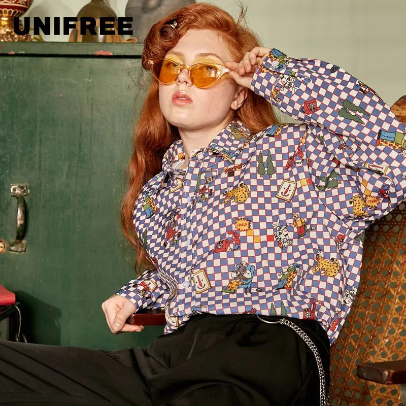 

UNIFREE 2019 New arrival autumn plaid shirt Women long Sleeve loose retro Cartoon Print Korean Style ladies tops U193D004BB