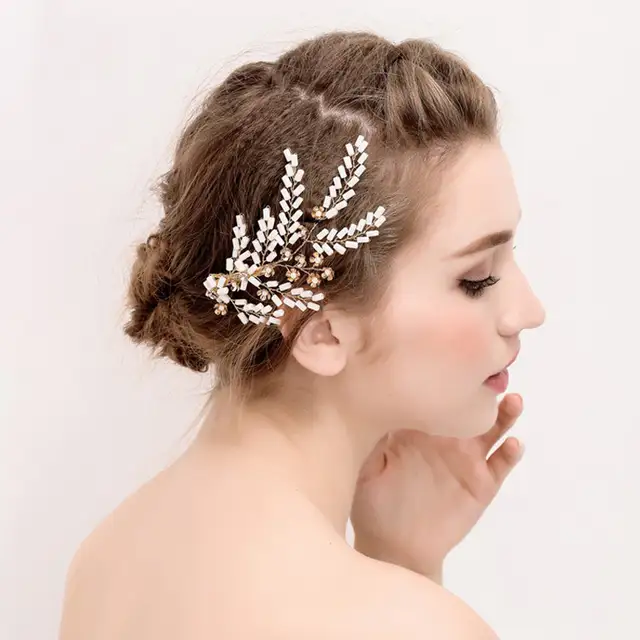 Online Shop Heavy Handmade Crystal Bead Gold Leaf Tiara Wedding