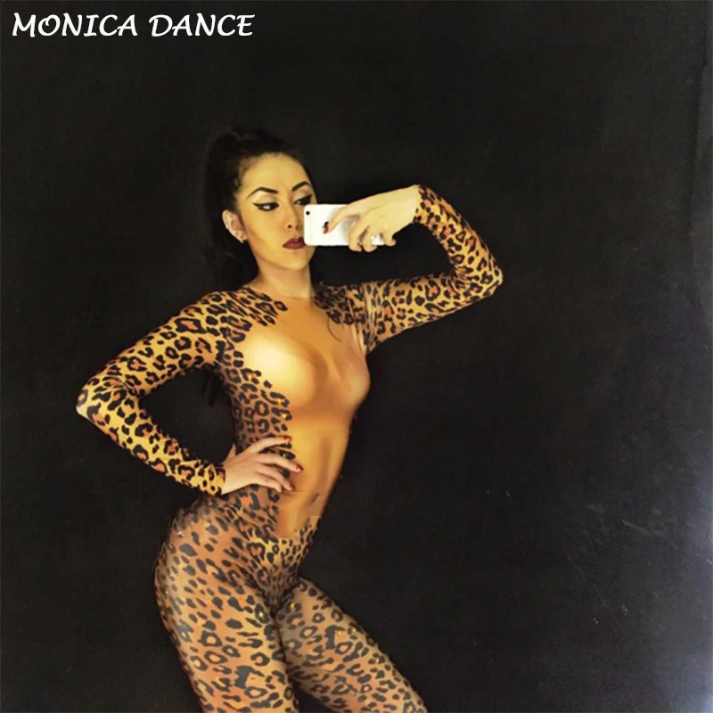 

Sexy Stage Leopard Printed Jumpsuit Gold Rhinestones Bodysuit Performance Party Birthday Celebrate Shining Costume Dance Wear