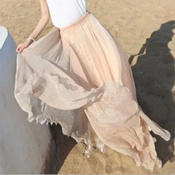 Лето г. пляж Богемия длинная юбка из шифона расклешенным подолом Макси-юбка из шифона с эластичная талия, длиной в Пол шелковые юбки - Цвет: Gold Nude Color