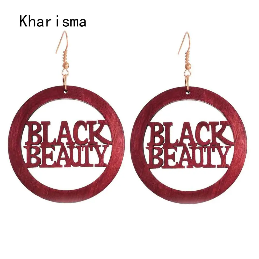 

KHARISMA Ethnic African Drop Earrings Woman Red Round Wooden Hollow BLACK BEAUTY Letter Statement Earrings Girls Jewelry Gifts