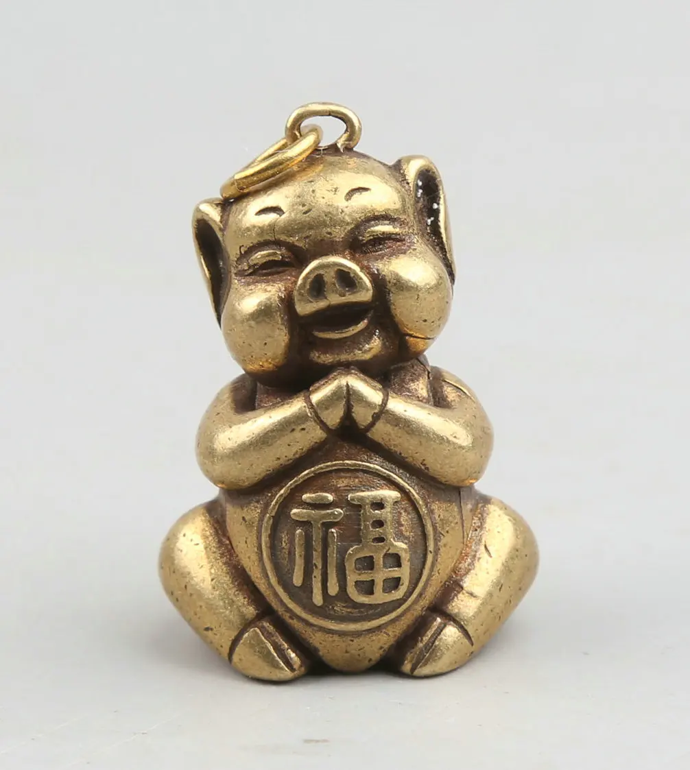 

35MM/21.4" Collect Curio Rare China Fengshui Small Bronze Exquisite Lovable Animal 12 Zodiac Year Pig Pendant Statue Statuary21g