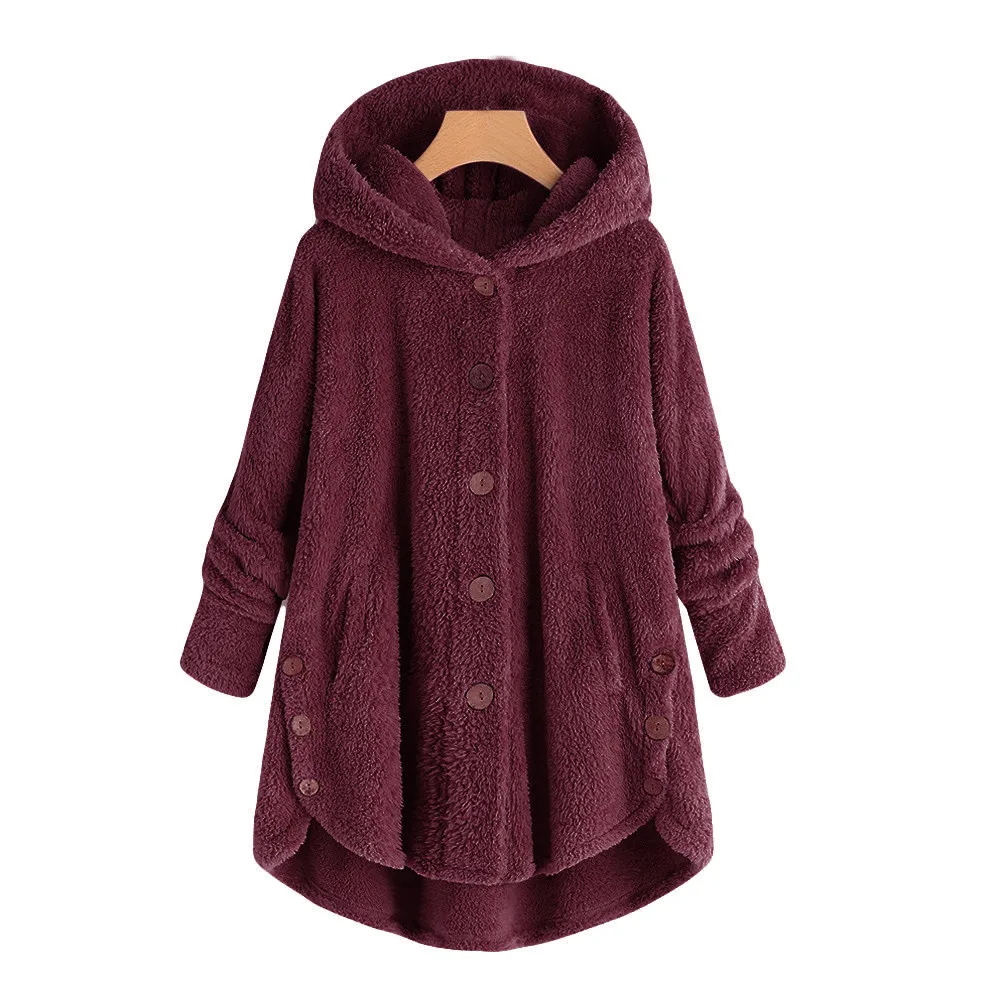 Модная женская куртка на пуговицах пушистый хвост Топы с капюшоном на пуговицах свите с длинными рукавами плюс размер дамское пальто женская одежда#711 - Цвет: Wine