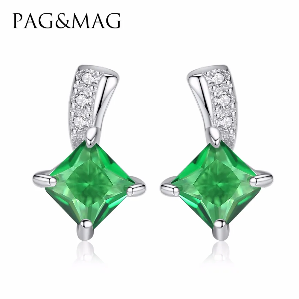 

PAG&MAG New Design Rhombic Emerald Good Quality Zircon Elegant Stud Earrings 925 Sterling Silver Engagement Jewelry For Women
