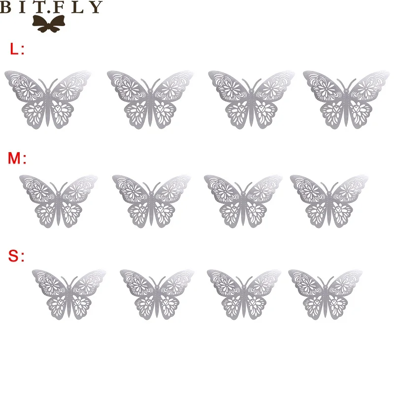 12 шт. Золотые 3D настенные стикеры бабочки полые DIY домашний декор плакат детские комнаты Настенные украшения вечерние свадебные Декор - Цвет: silver